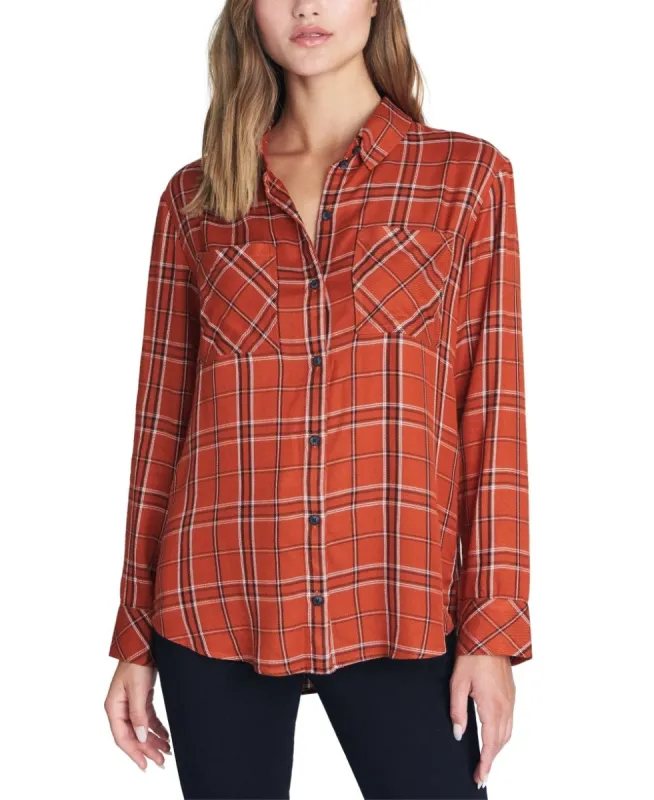 Sanctuary Women's Plaid Long Sleeve Collared Button Up Top Orange Size Medium sold by Ruumur