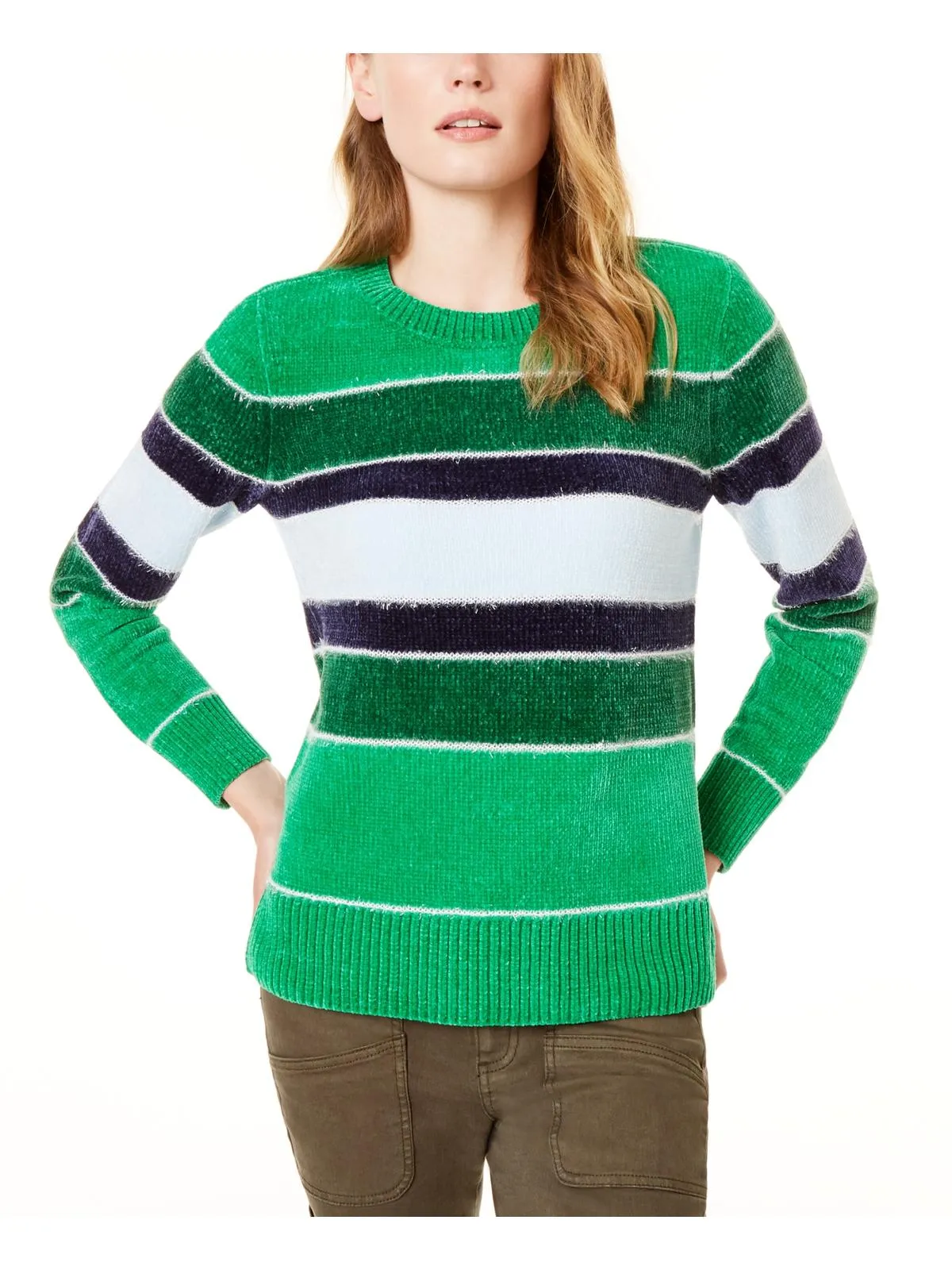 Maison Jules Women's Chenille Striped Pullover Sweater Green Size XX-Small sold by Ruumur