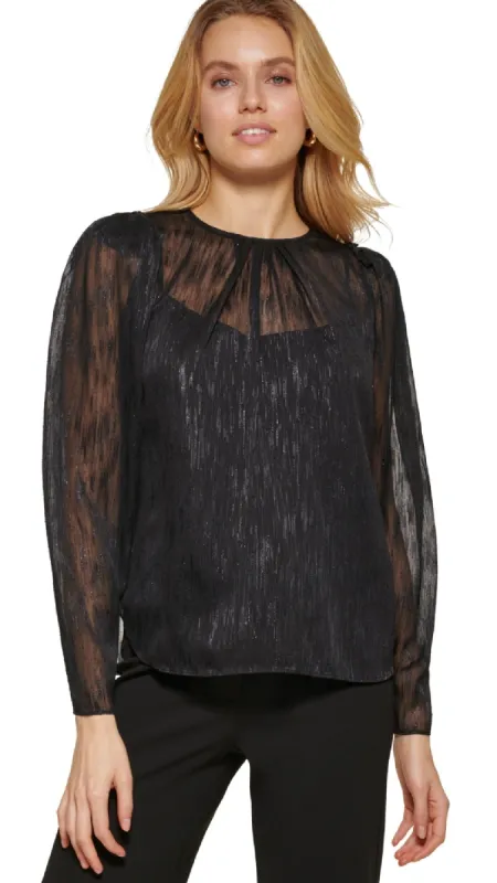 DKNY Women's Metallic Long Sleeve Blouse Black Size Large sold by Ruumur