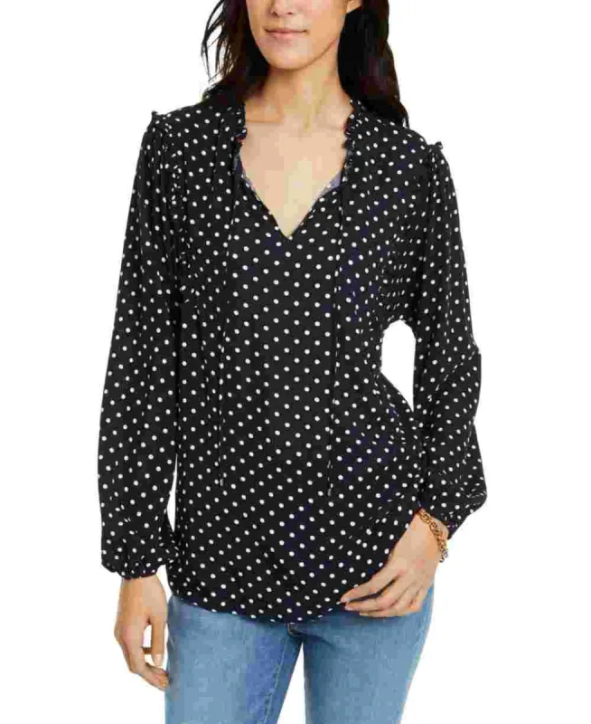 Tommy Hilfiger Women's Ruffled Polka Dot Long Sleeve V Neck Blouse Top Blue Size Large made by Tommy Hilfiger