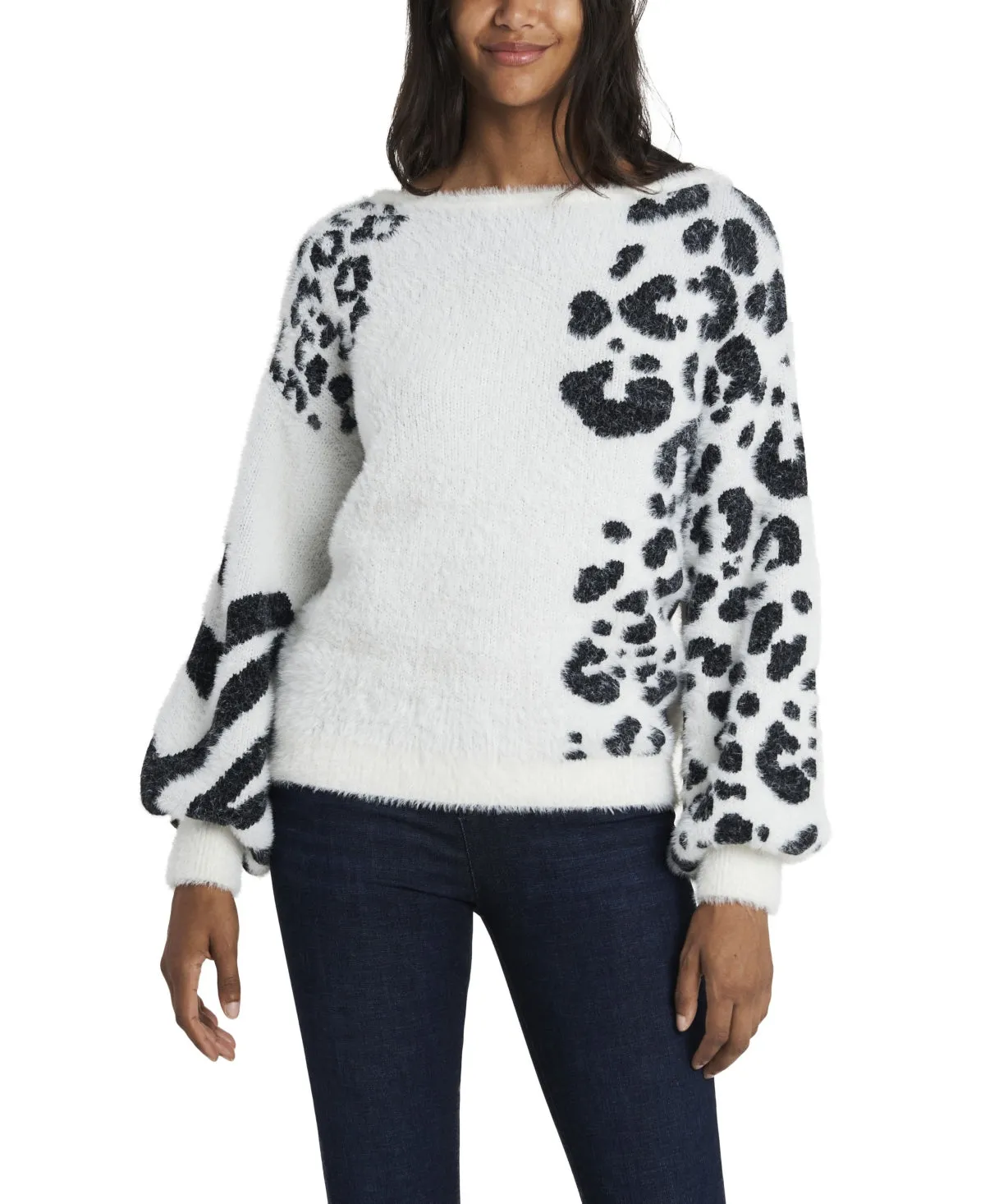 Vince Camuto Women's Animal Print Jacquard Fuzzy Sweater White Size X-Small sold by Ruumur