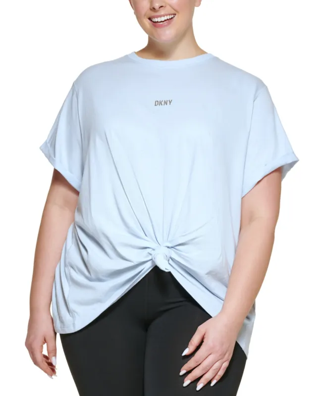 DKNY Women's Sport Knot Front Metallic Logo T-Shirt Blue Size 2X made by Ruumur