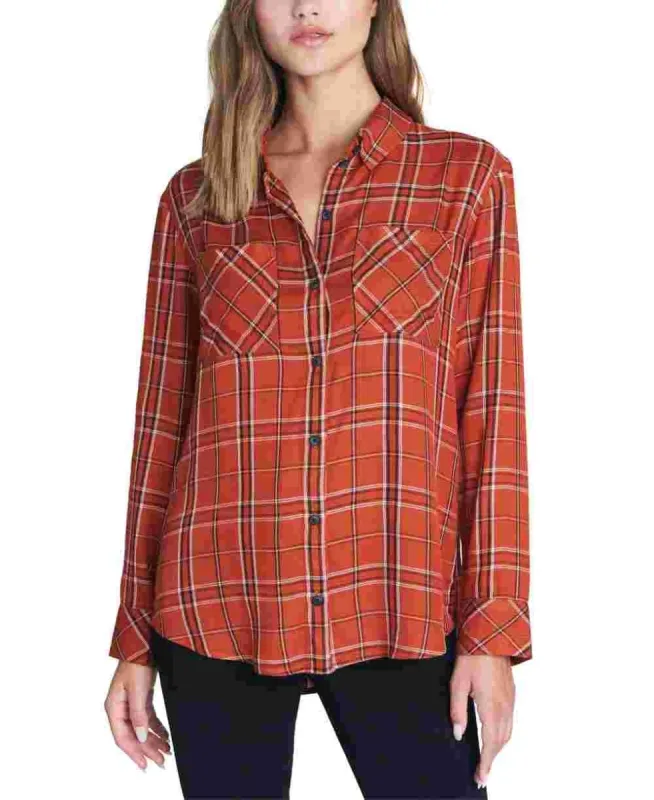 Sanctuary Women's New Generation Plaid Boyfriend Blouse Orange Size Small made by Sanctuary