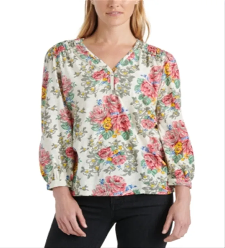Lucky Brand Women's Blouses Floral Button Front Three Quarter Sleeve Top White Size S/P sold by Ruumur
