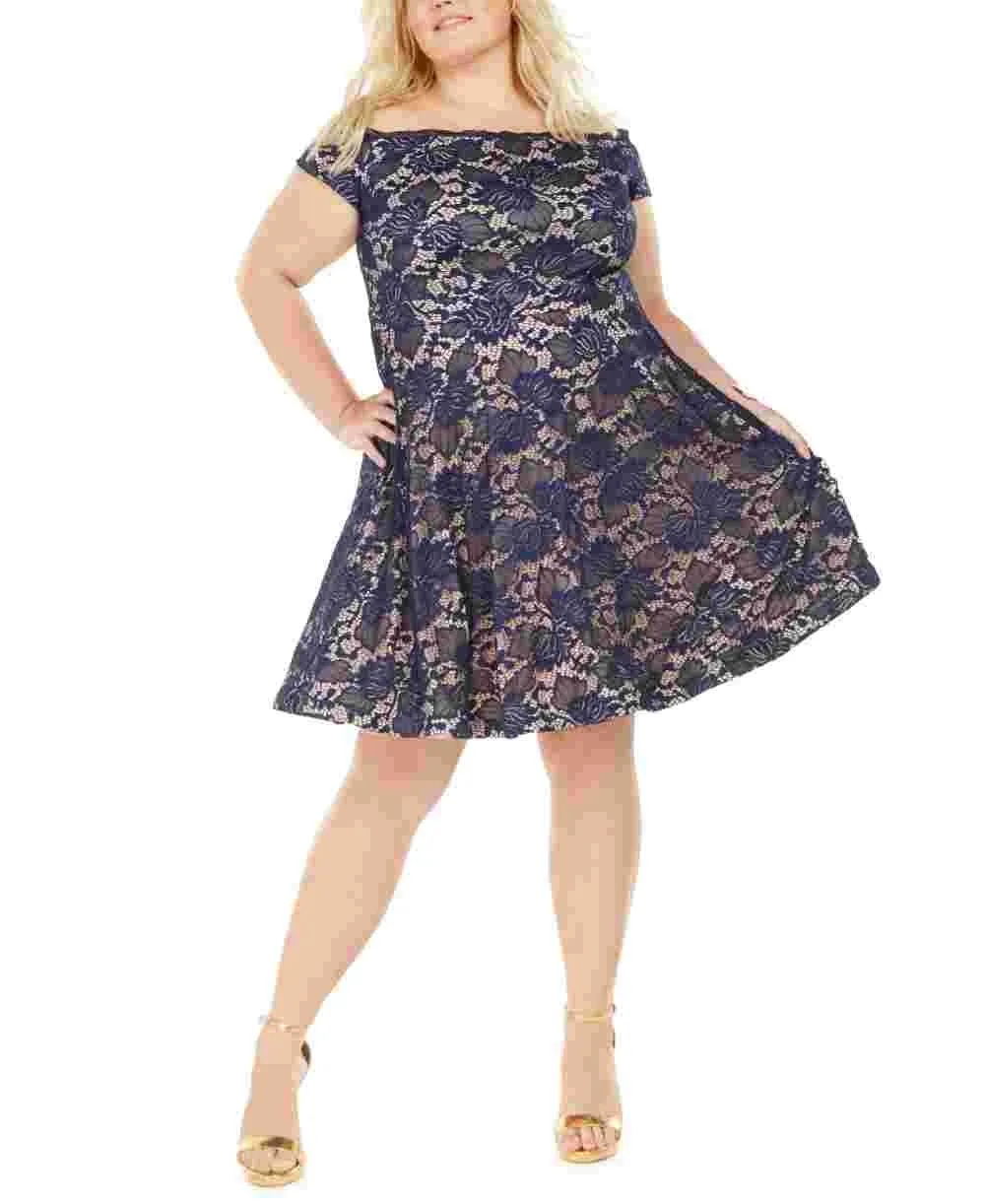 B Darlin Women's Embroidered Lace Floral Cap Sleeve Off Shoulder Above The Knee Fit + Flare Cocktail Dress Blue Size 22W sold by Ruumur