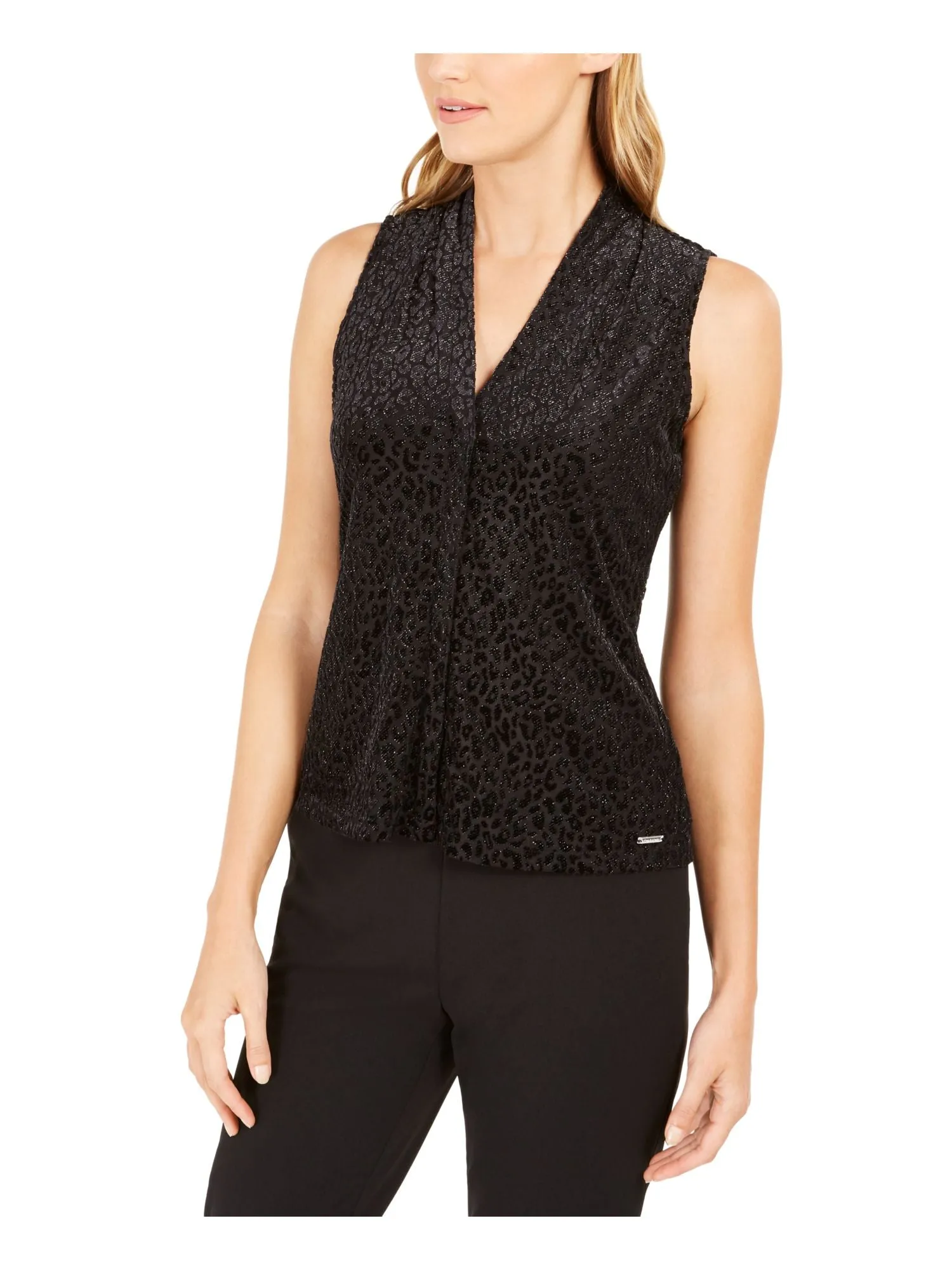 Calvin Klein Women's Textured Animal Print Top Black Size X-Small sold by Ruumur