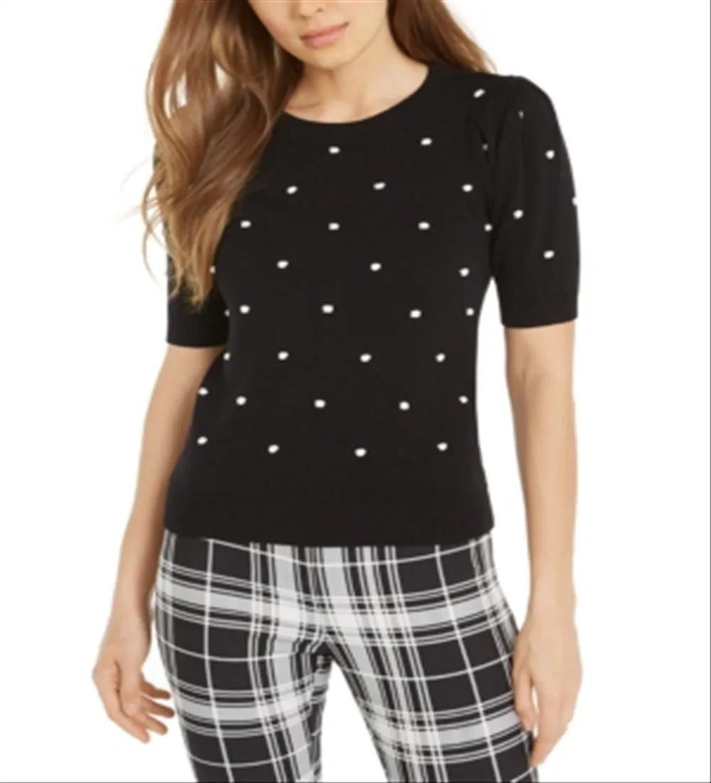 Maison Jules Women's Polka Dot Ribbed Trim Pullover Sweater Black Size X-Small sold by Ruumur