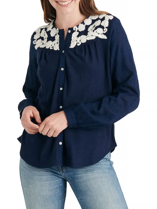 Lucky Brand Women's Long Sleeve Jewel Neck Button up Top Blue Size Large sold by Ruumur