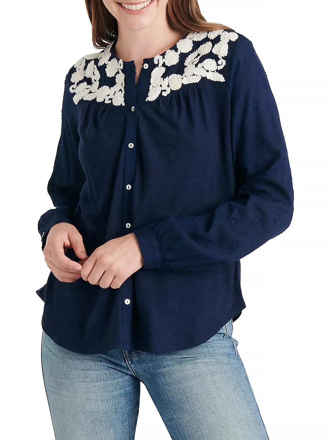 Lucky Brand Women's Long Sleeve Jewel Neck Button up Top Blue Size Large sold by Ruumur