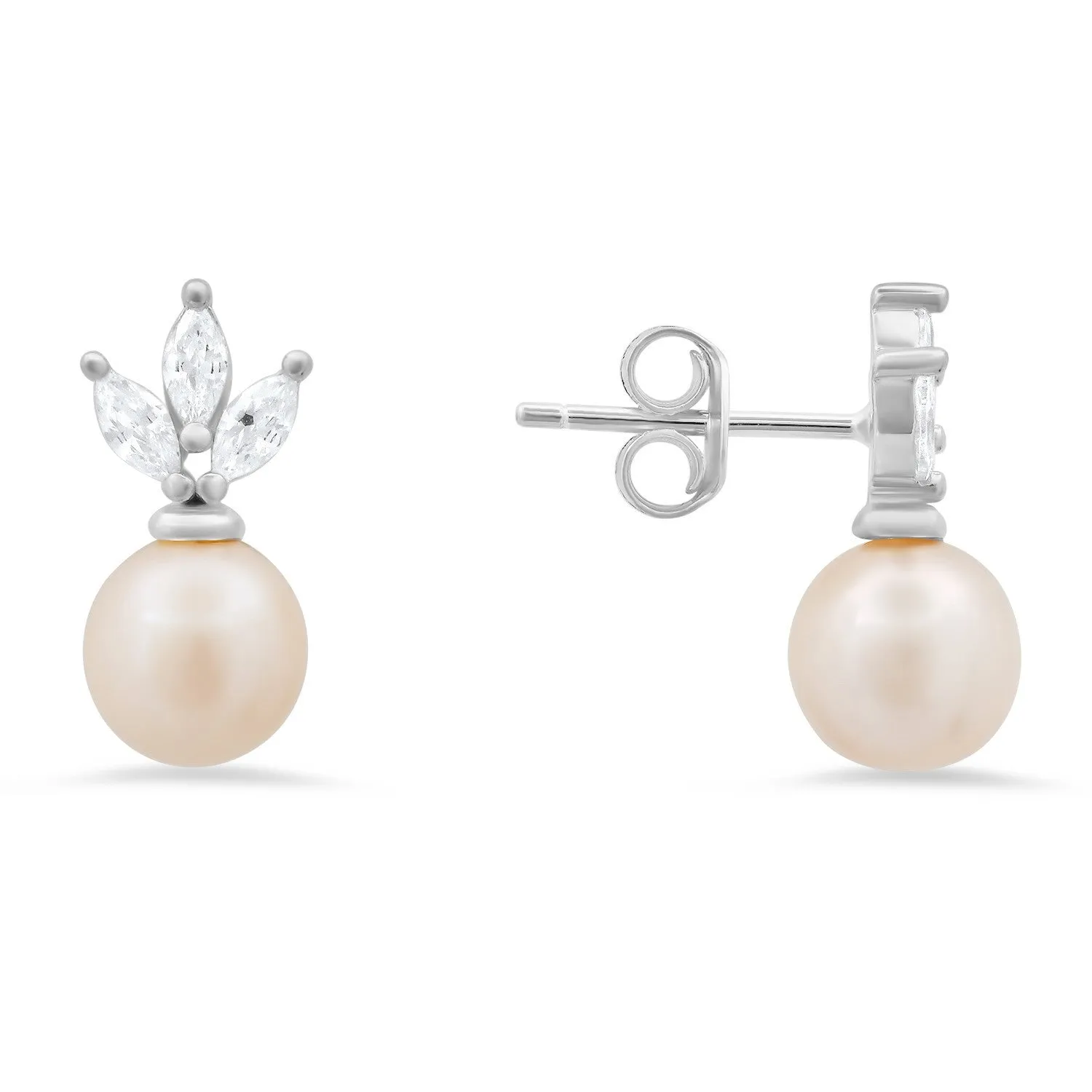 Sterling Silver Marquise CZ & Pearl Stud Earrings sold by Ruumur