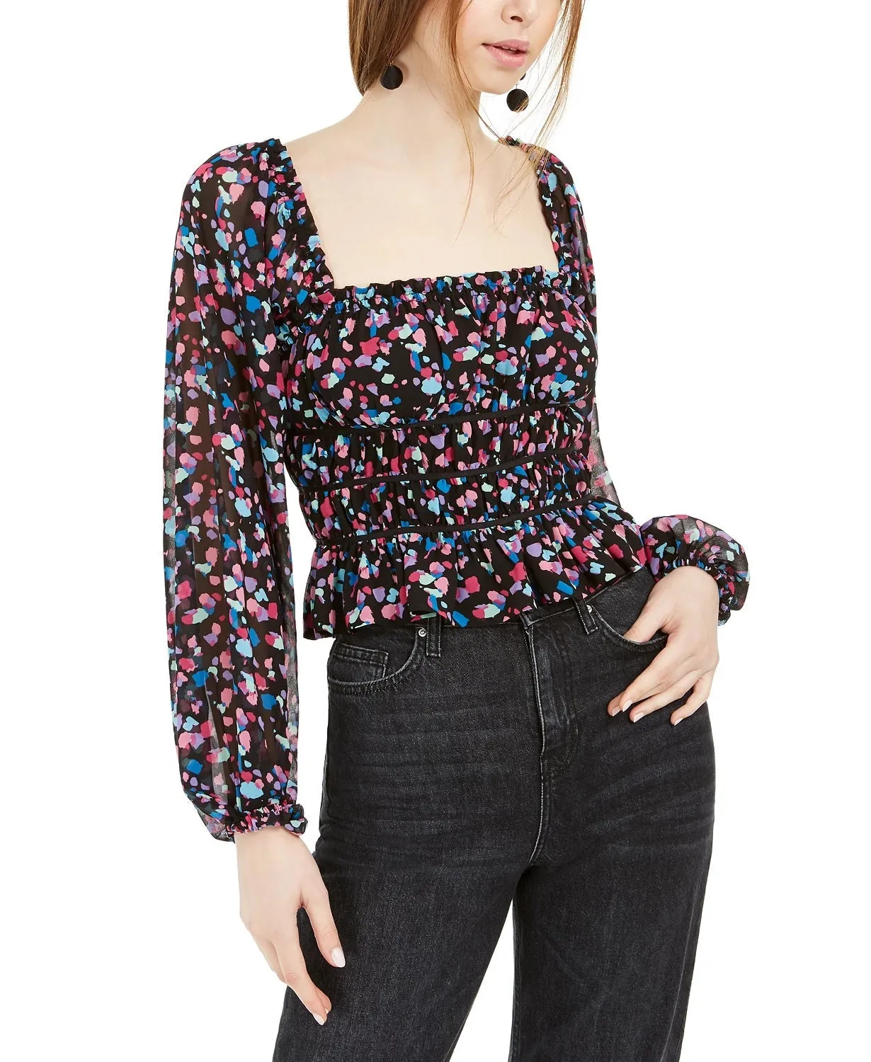 Leyden Women's Ruffled Printed Long Sleeve Square Neck Top Black Size Medium sold by Ruumur