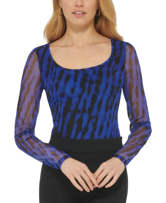 DKNY Women's Snake Print Mesh Bodysuit Blue Size X-Large sold by Ruumur