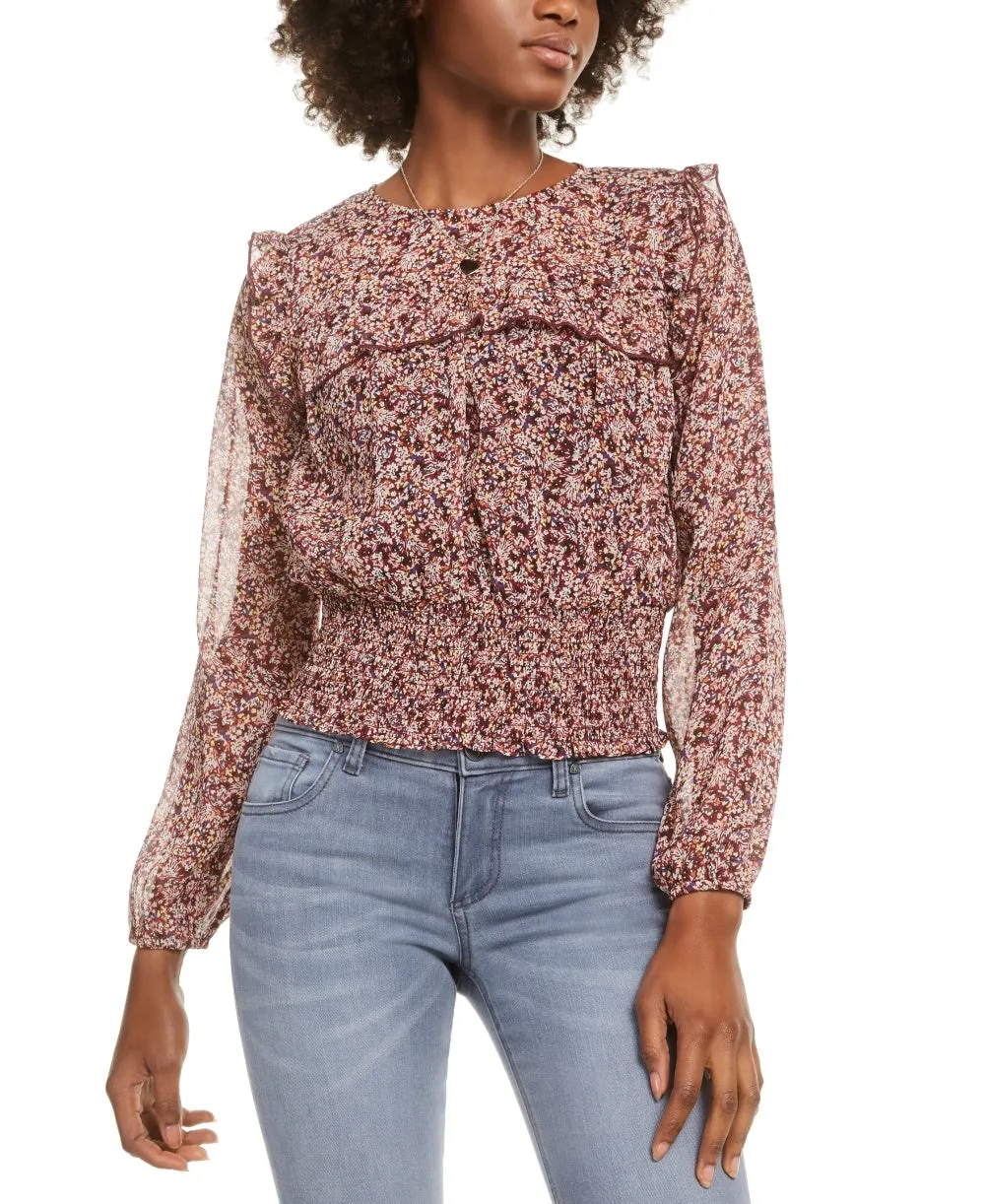 Love Fire Women's Printed Smocked Top Burgundy Floral Size Small sold by Ruumur