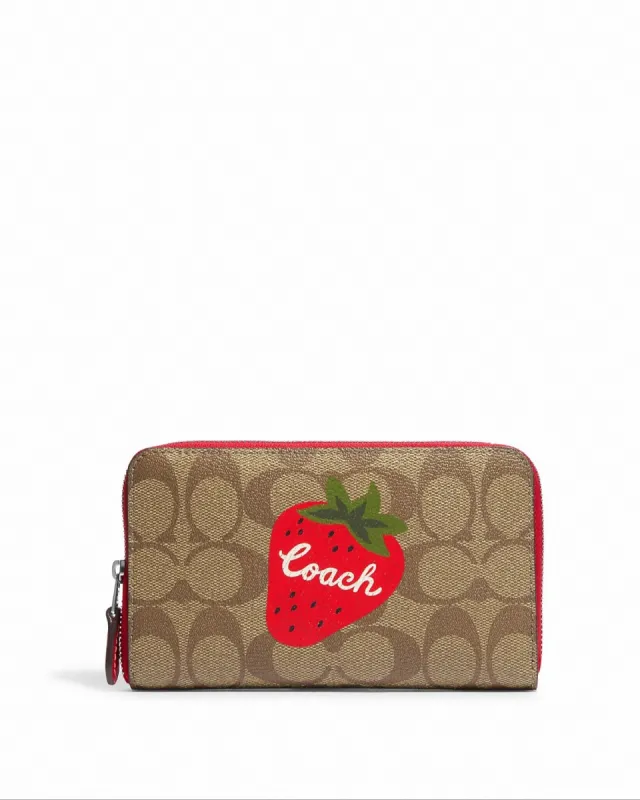 Coach Women's Khaki & Electric Red Medium Id Zip Wallet In Signature Canvas With Wild Strawberry sold by Ruumur