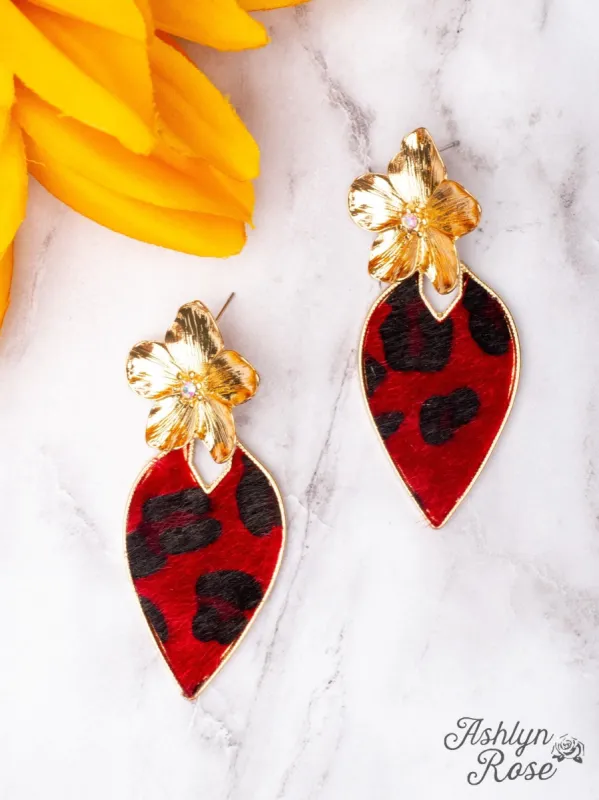 BRIGHTER DAYS GOLD FLOWER RED LEOPARD TEARDROP EARRINGS sold by Ruumur