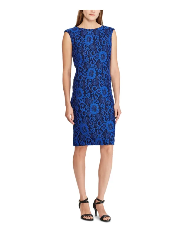 Ralph Lauren Women's Zippered Two tone Floral lace Boat Neck Above the Knee Body Con Party Dress Blue Size 6 sold by Ruumur