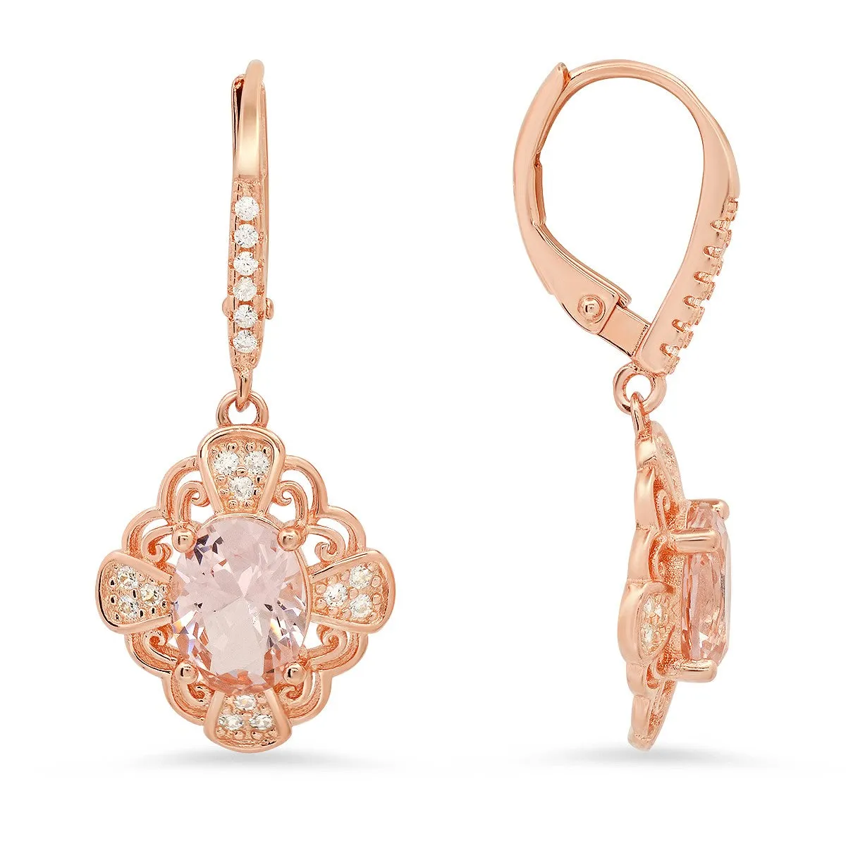 14k Rose Gold Over Silver Vintage Filigree Morganite CZ Leverback Earrings sold by Ruumur