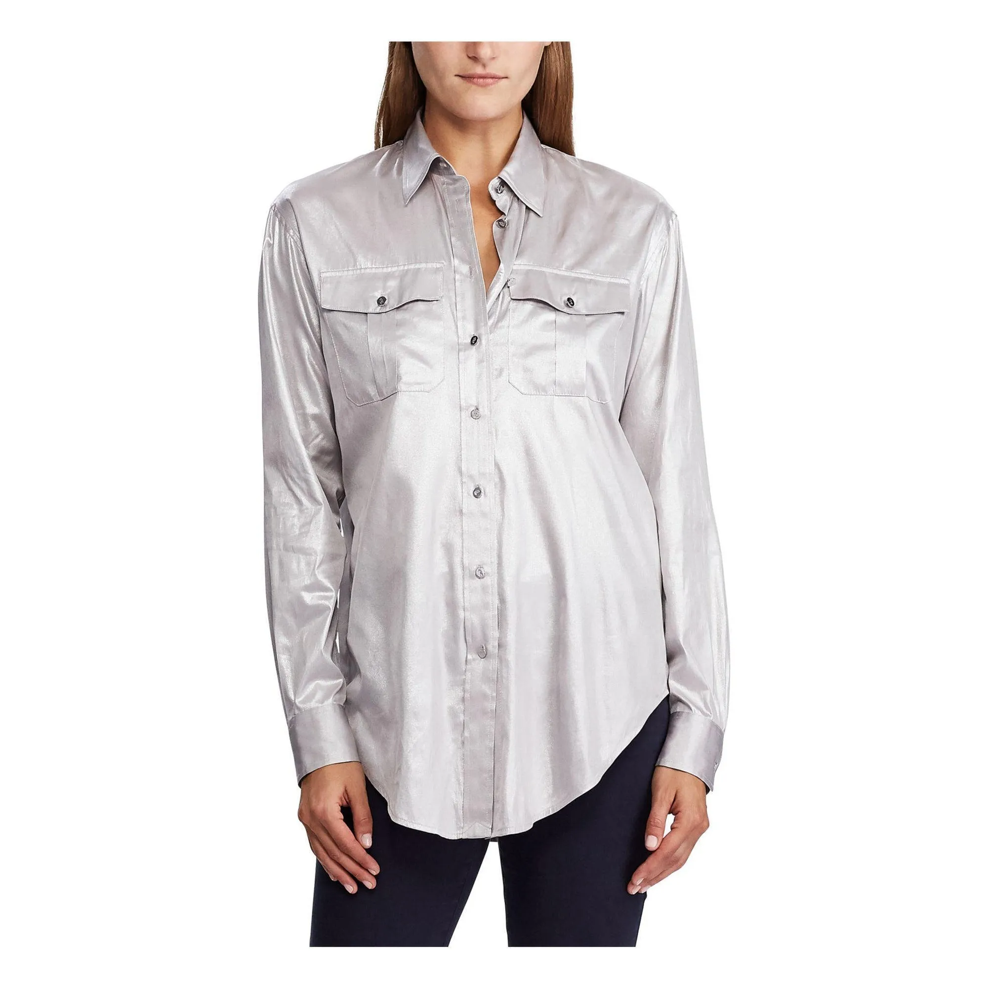 Ralph Lauren Women's Shimmer Cuffed Sleeve Collared Wear To Work Button Up Top Silver Size Medium sold by Ruumur