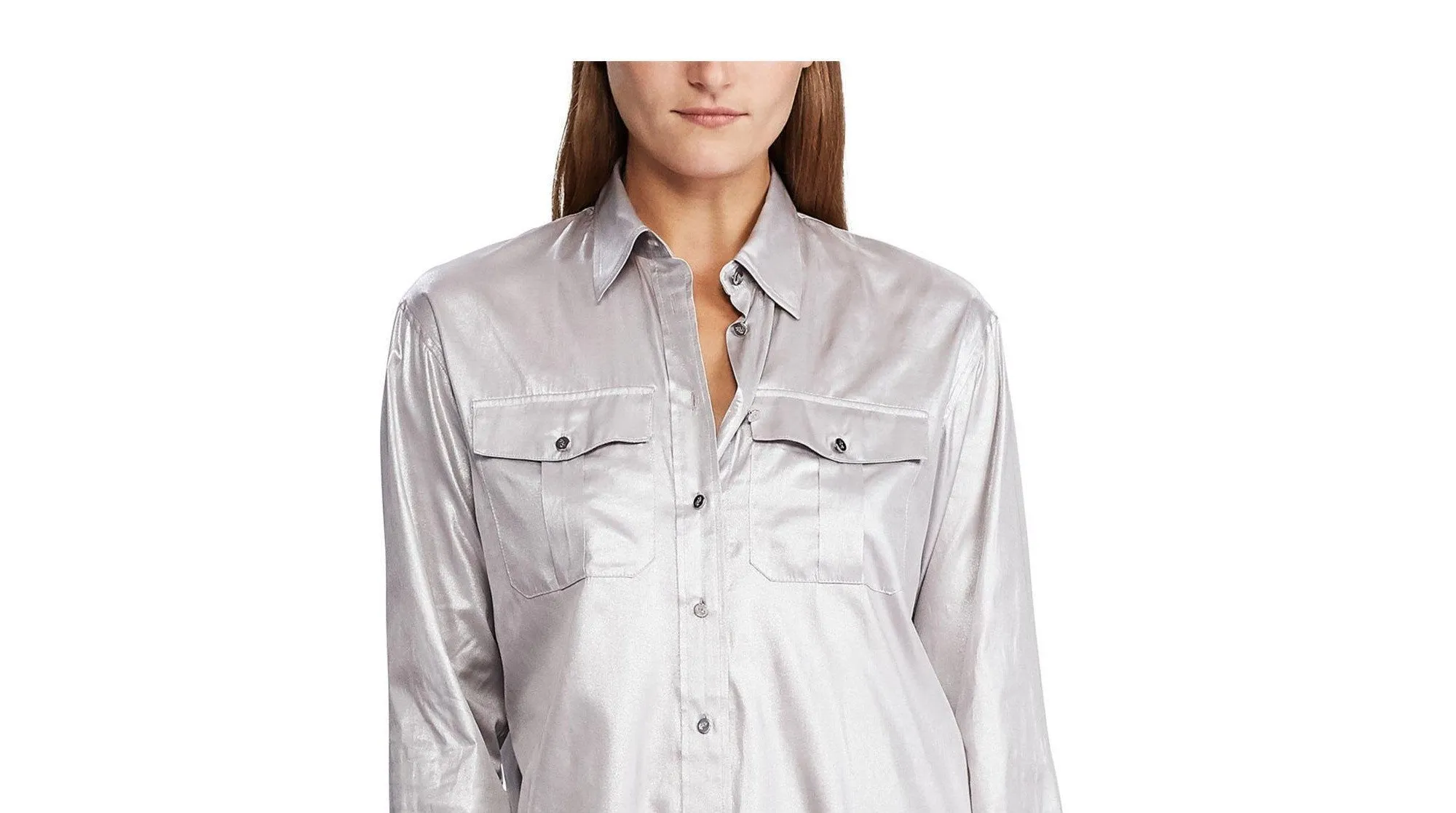 Ralph Lauren Women's Shimmer Cuffed Sleeve Collared Wear To Work Button Up Top Silver Size Medium sold by Ruumur product image thumbnail 3