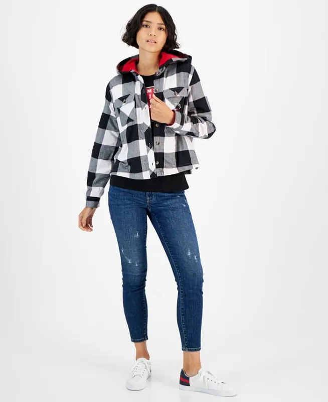 Tommy Jeans Women's Plaid Fleece Lined Hooded Shirt Jacket White Size Small sold by Ruumur