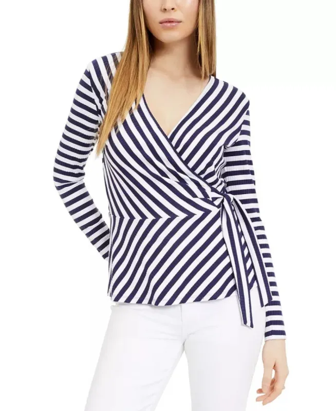Maison Jules Women's Striped Wrap Knit Top Navy Size X-Small sold by Ruumur