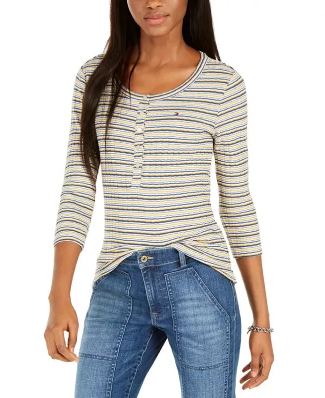 Tommy Hilfiger Women's White Front Snaps 3/4 Sleeve Crew Neck Top White/Blue/Yelow Size X-Small made by Tommy Hilfiger