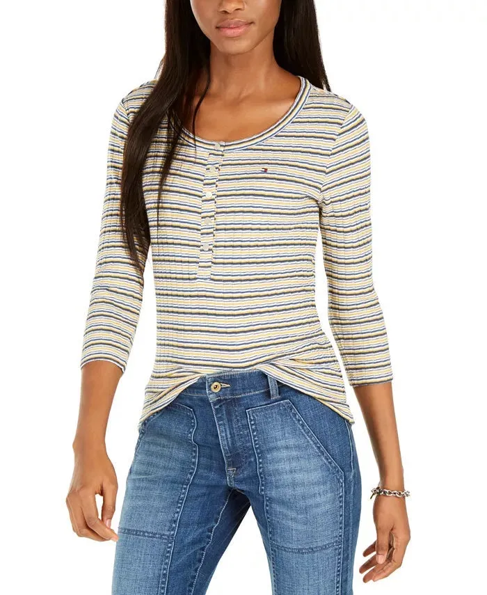 Tommy Hilfiger Women's White Front Snaps 3/4 Sleeve Crew Neck Top White/Blue/Yelow Size X-Small sold by Ruumur