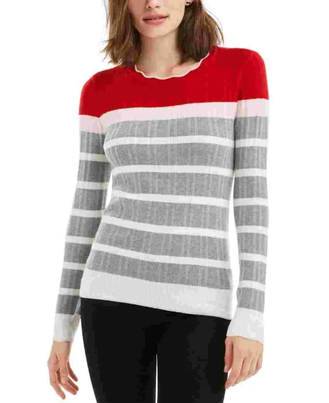 Maison Jules Women's Red Striped Long Sleeve Jewel Neck Sweater Red Size Large sold by Ruumur