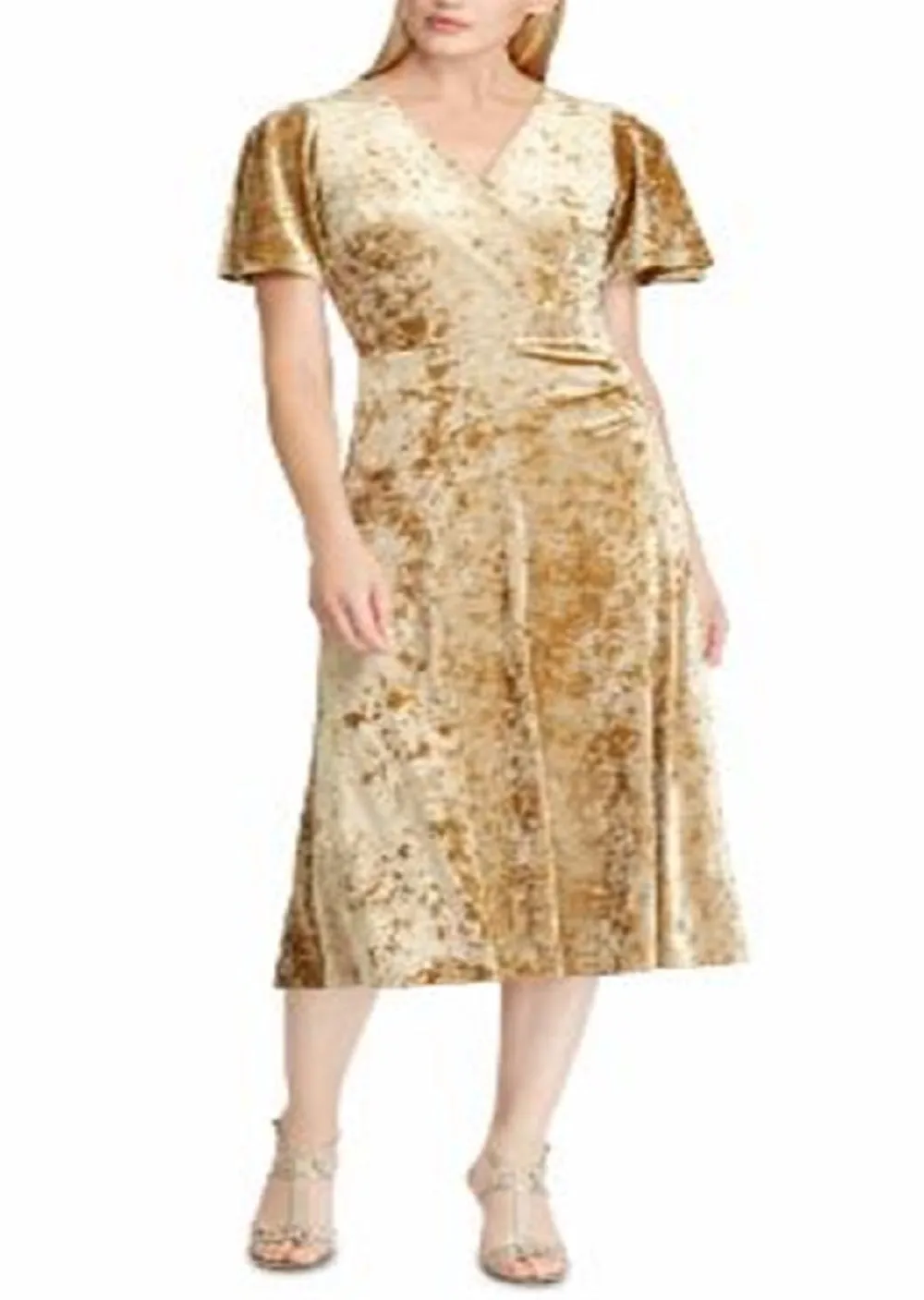 Ralph Lauren Women's Velvet Short Sleeve V Neck Below the Knee Fit Flare Evening Dress Yellow Size 16 sold by Ruumur