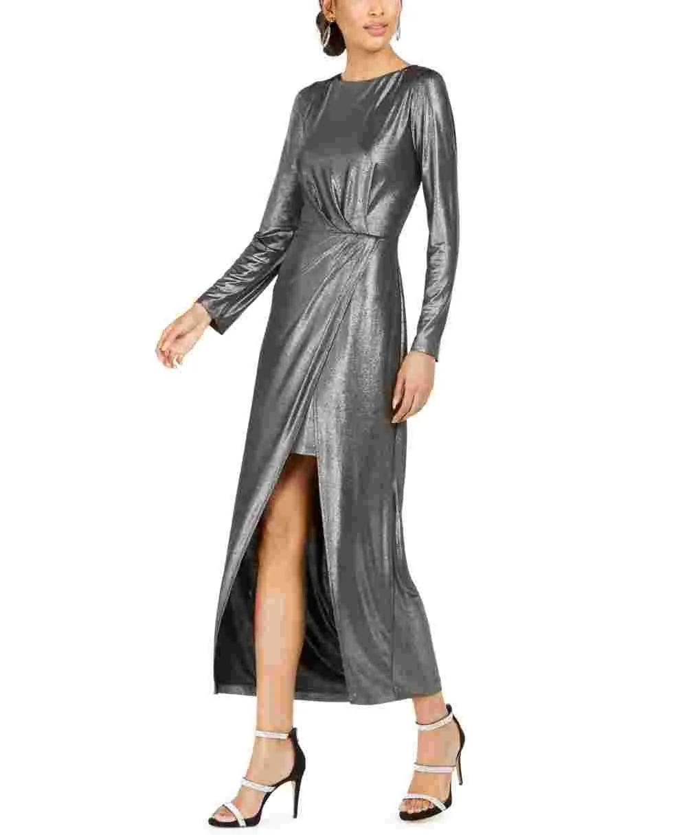 Julia Jordan Women's Metallic Front Slit Long Sleeve Knit Maxi Dress Silver Size 2 sold by Ruumur