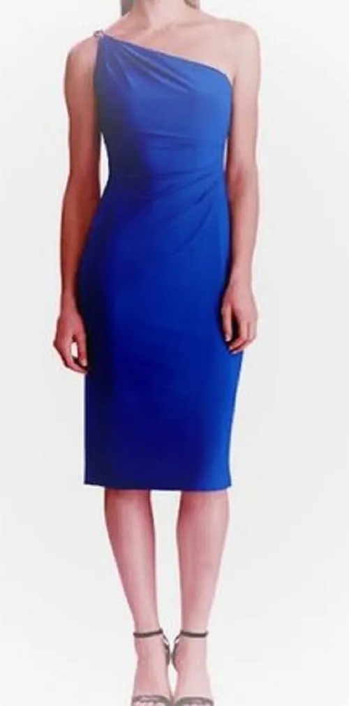 Ralph Lauren Women's Blue Sleeveless Asymmetrical Neckline Midi Sheath Party Dress Navy Size 12 sold by Ruumur