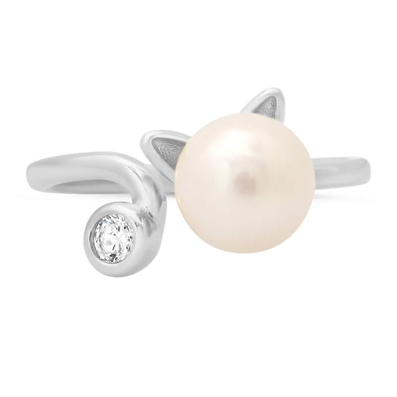 Sterling Silver Kitty Cat Genuine Pearl & CZ Ring sold by Ruumur