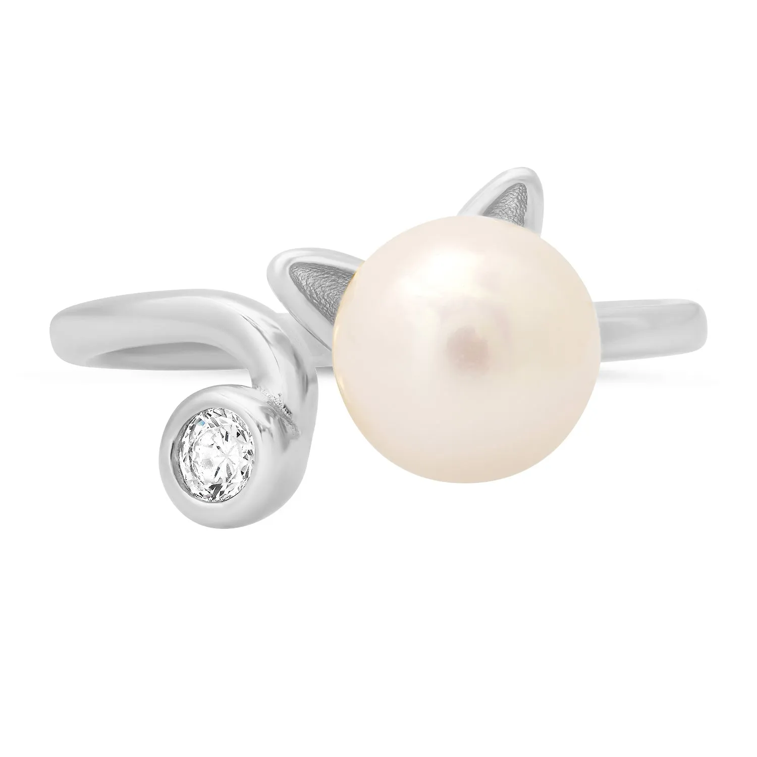 Sterling Silver Kitty Cat Genuine Pearl & CZ Ring sold by Ruumur