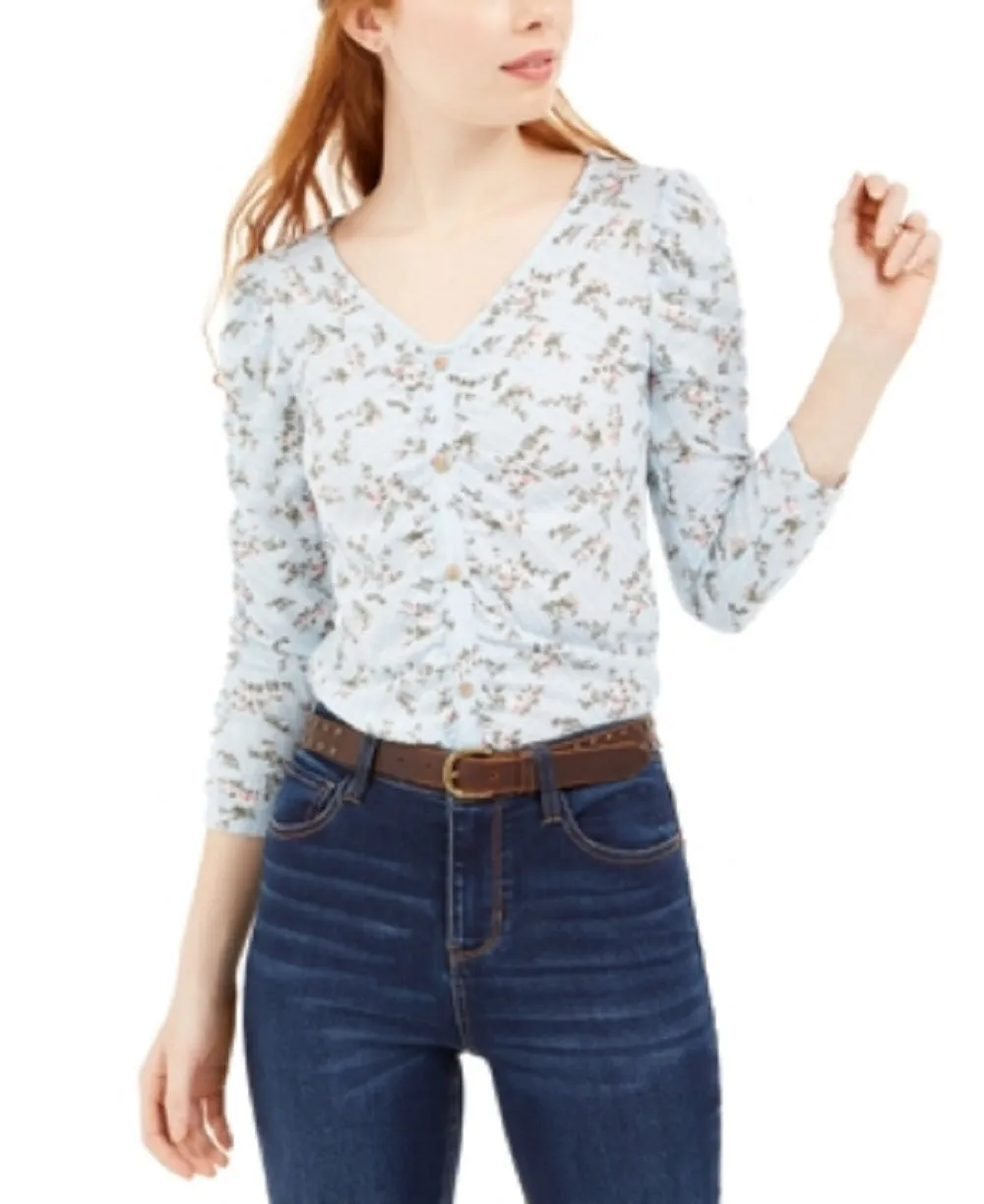 Crave Fame Junior's Ruched Floral Top -Blue Size X-Large sold by Ruumur