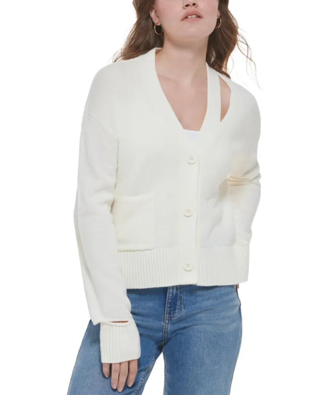 Calvin Klein Jeans Women's Cutout V Neck Cardigan White Size Small sold by Ruumur