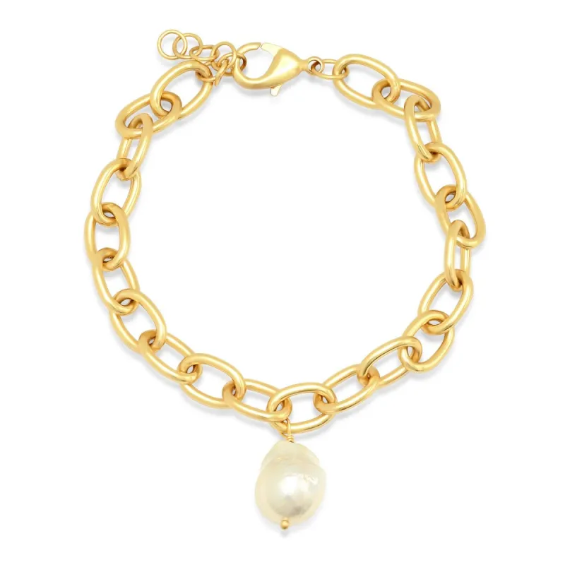 Gold Chain Bracelet with Freshwater Pearl Charm sold by Ruumur