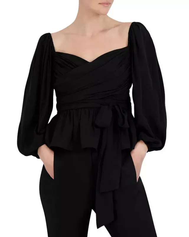 BCBGeneration Women's Jacquard Ruched Balloon Sleeve Top Black Size X-Small sold by Ruumur