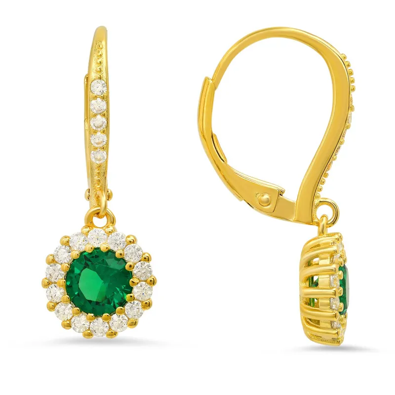 14k Yellow Gold Over Silver Emerald CZ Halo Leverback Earrings sold by Ruumur