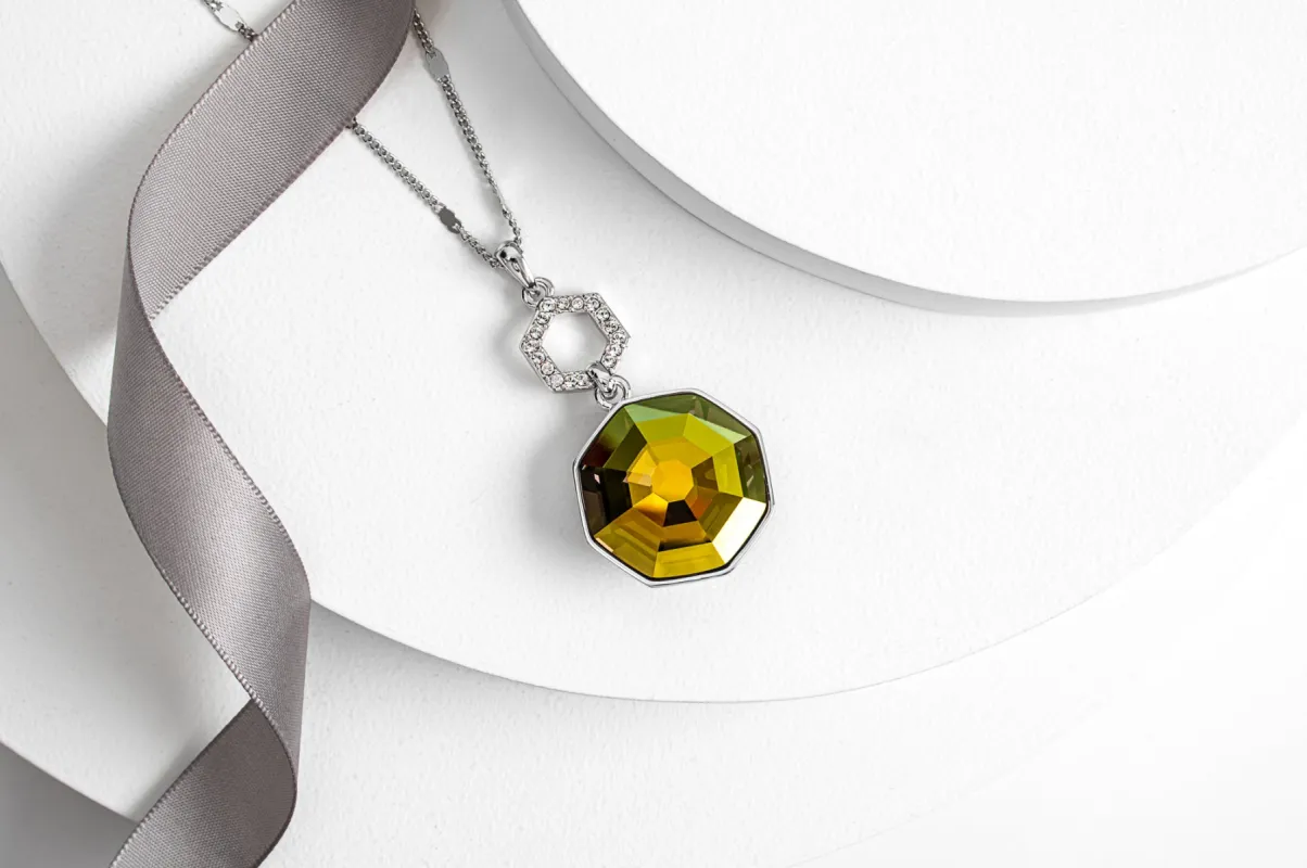 Statement Gold Swarovski Crystal Hexagon Long Pendant Necklace sold by Ruumur