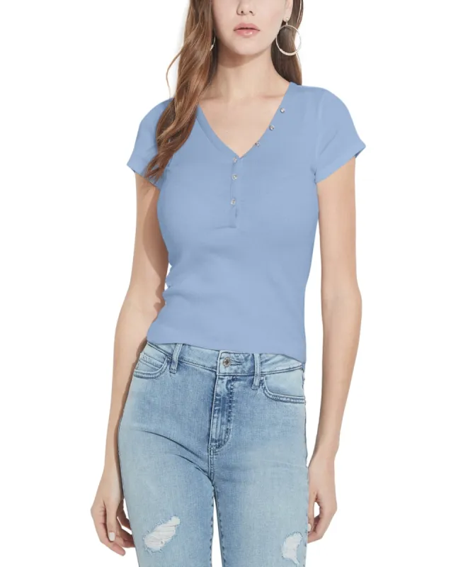 GUESS Women's Organic Cotton V Neck T-Shirt Blue Size X-Small sold by Ruumur