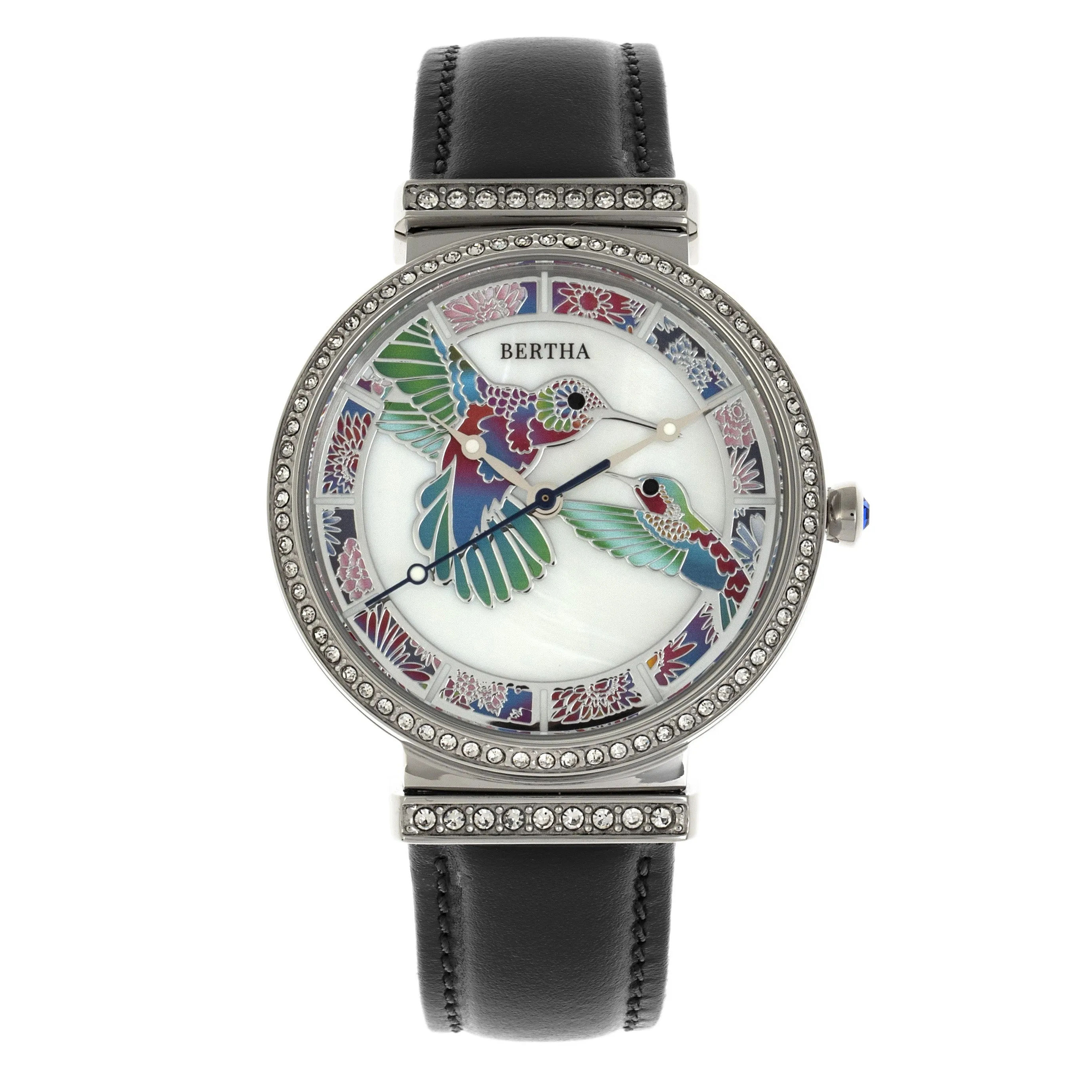 Bertha Emily Mother-Of-Pearl Leather-Band Watch - Silver/Black sold by Ruumur