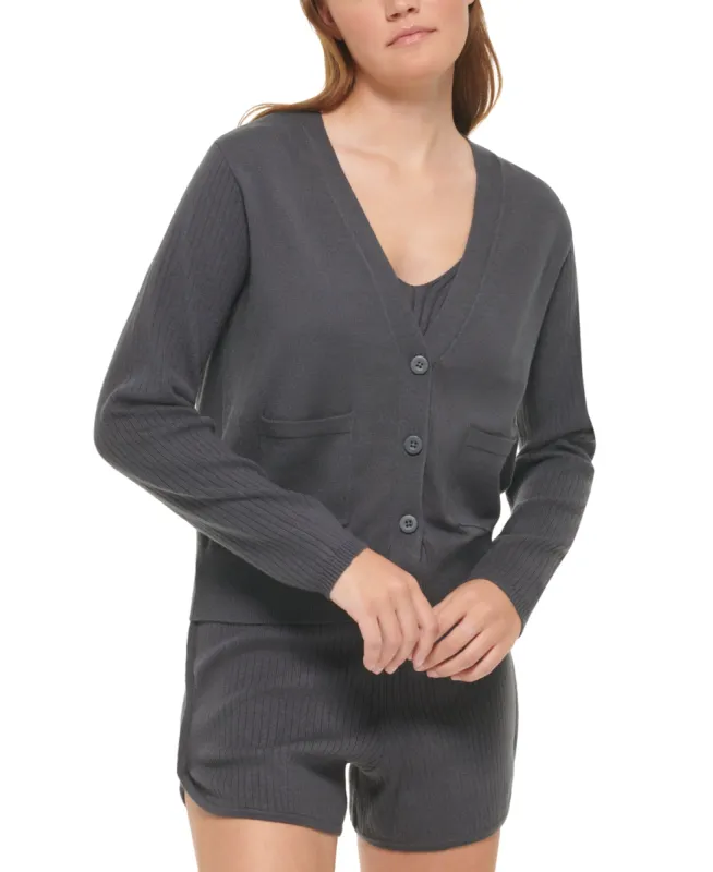 Calvin Klein Women's Ribbed Sleeve Button Front Cardigan Black Size Medium sold by Ruumur
