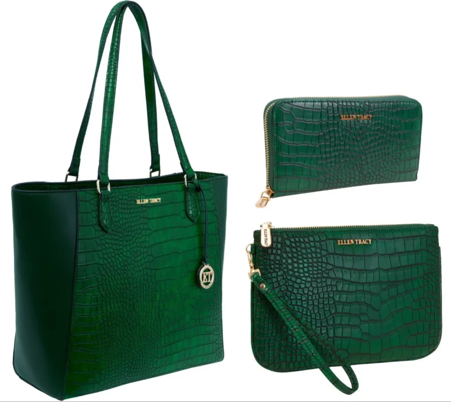 Ellen Tracy Croco Shoulder Tote Bag &Single Zip Wallet & Zip Around Wallet Set sold by Ruumur