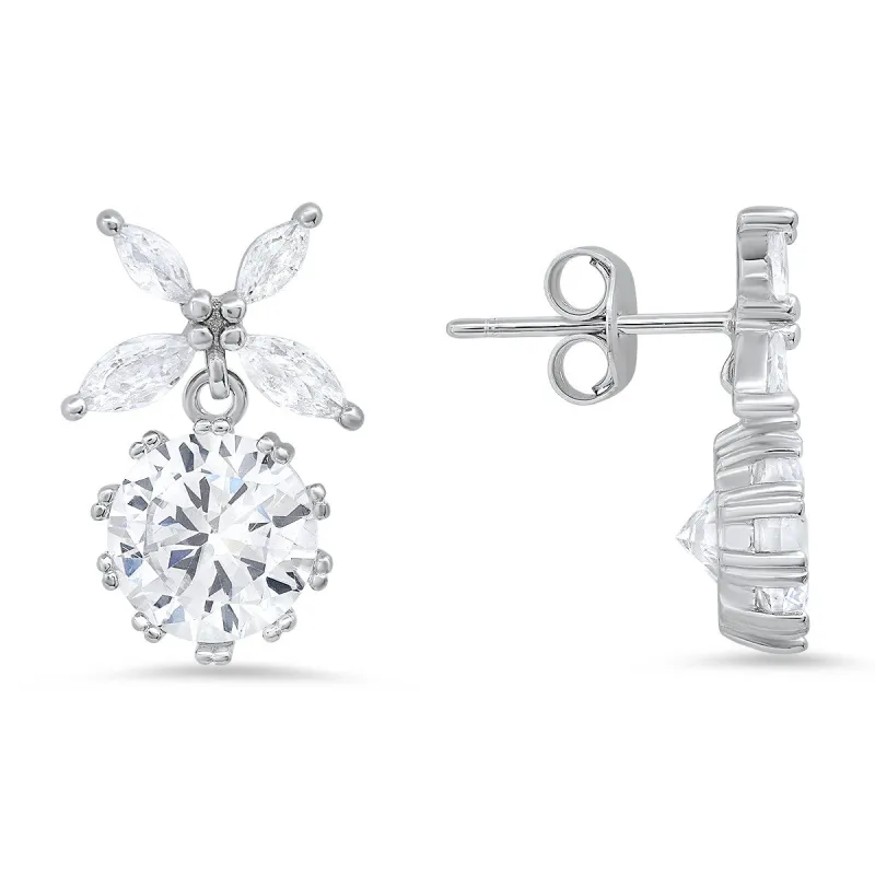 Sterling Silver Dangling Floral CZ Stud Earrings sold by Ruumur