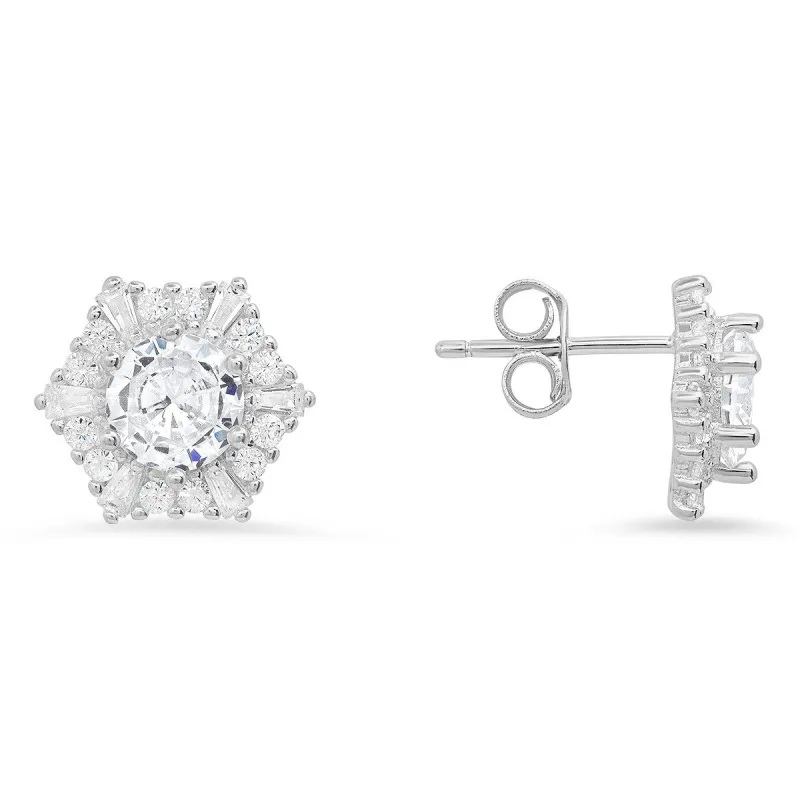 Sterling Silver Hexagon CZ Halo Stud Earrings sold by Ruumur
