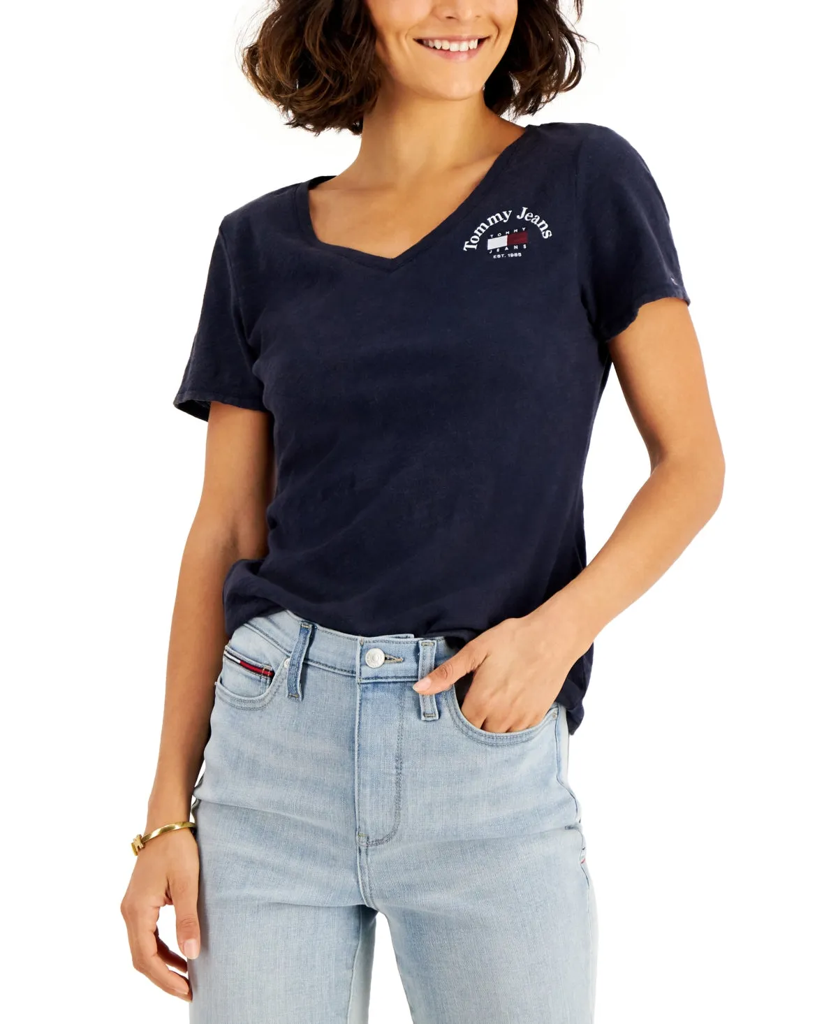 Tommy Jeans Women's V Neck Cotton T-Shirt Blue Size X-Small sold by Ruumur