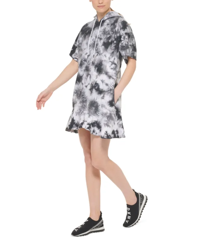 DKNY Women's Tie Dyed Short Sleeve Flounce Dress Black Size X-Large made by Ruumur