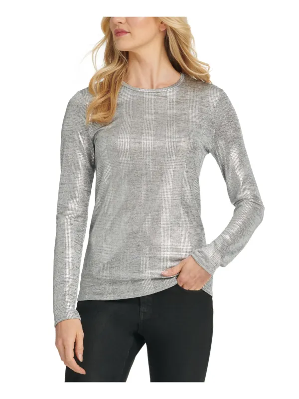 DKNY Women's Metallic Plaid Blouse Gray Size Large made by Ruumur