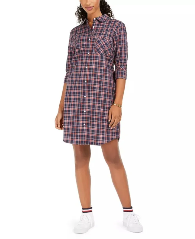 Tommy Hilfiger Women's Cotton Logo-Back Plaid Shirtdress Navy Size X-Small sold by Ruumur