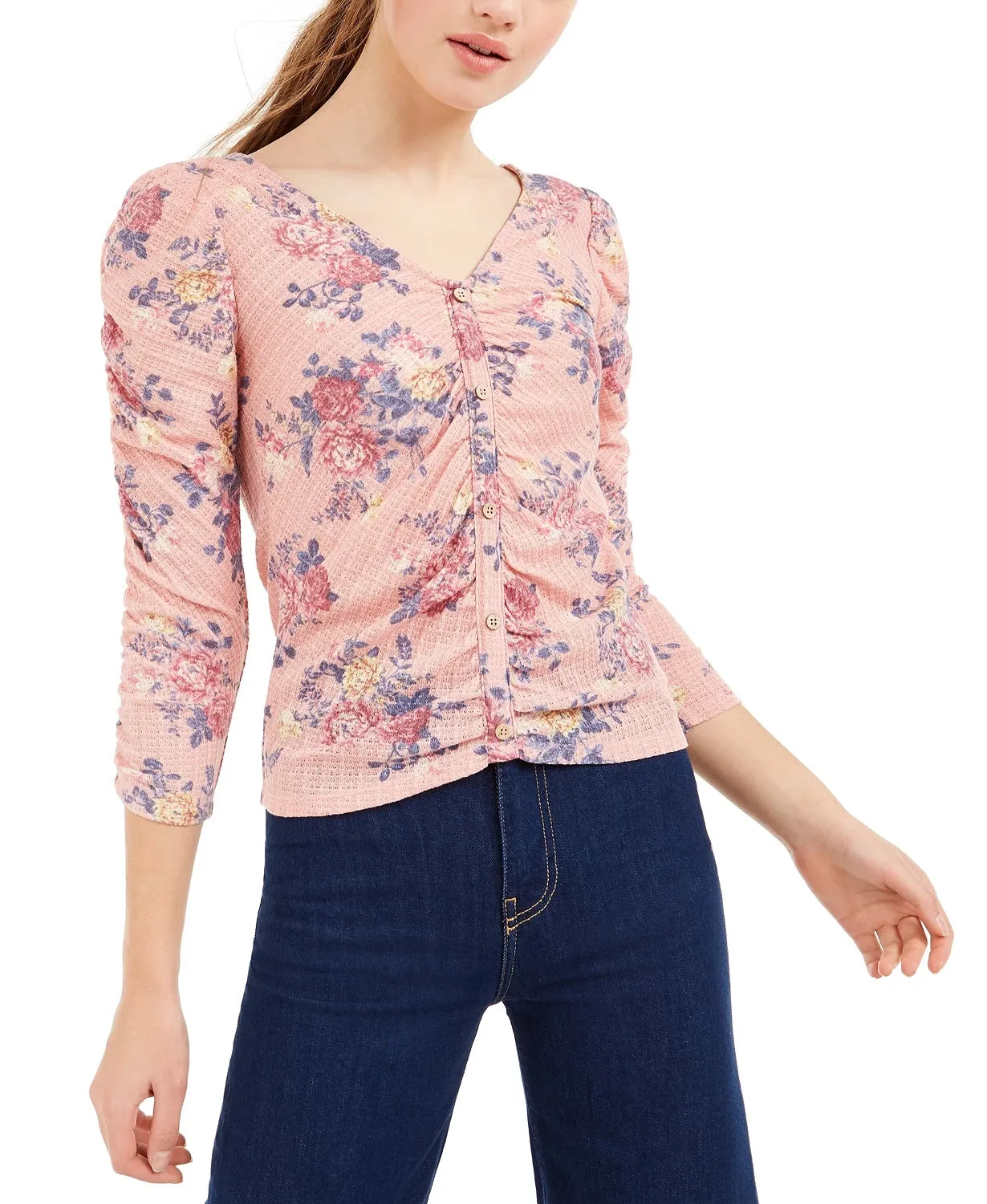Crave Fame Juniors' Ruched Floral Top Blue Size Small sold by Ruumur